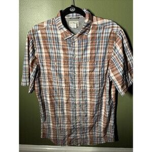 L.L Bean Men’s Green Seersucker Plaid Fishing Hiking Short Sleeve Vented Med Tal